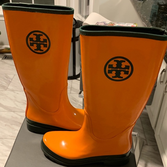 tory burch orange rain boots